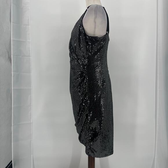 Grace Karin Silver Sequin Dress Sz L Holiday Glam Clubwear Ruched Sparkly NYE - Picture 5 of 16